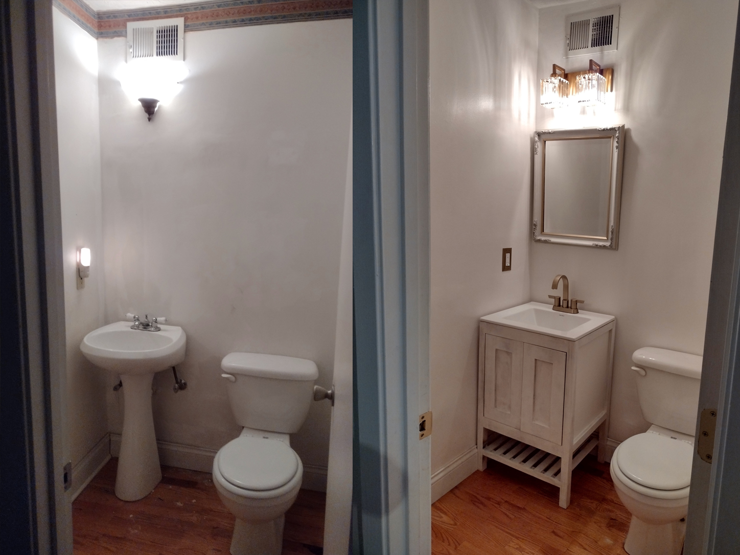 Before and after bathroom remodel with a new white vanity