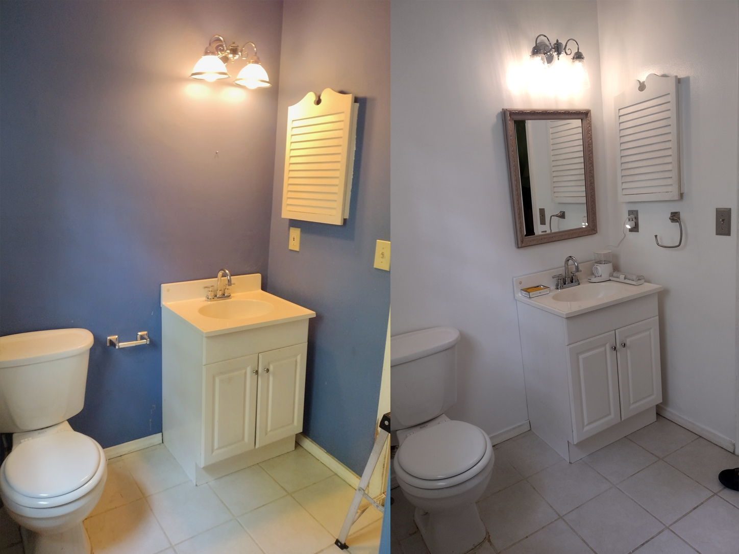 Before and after bathroom painting and wall repair