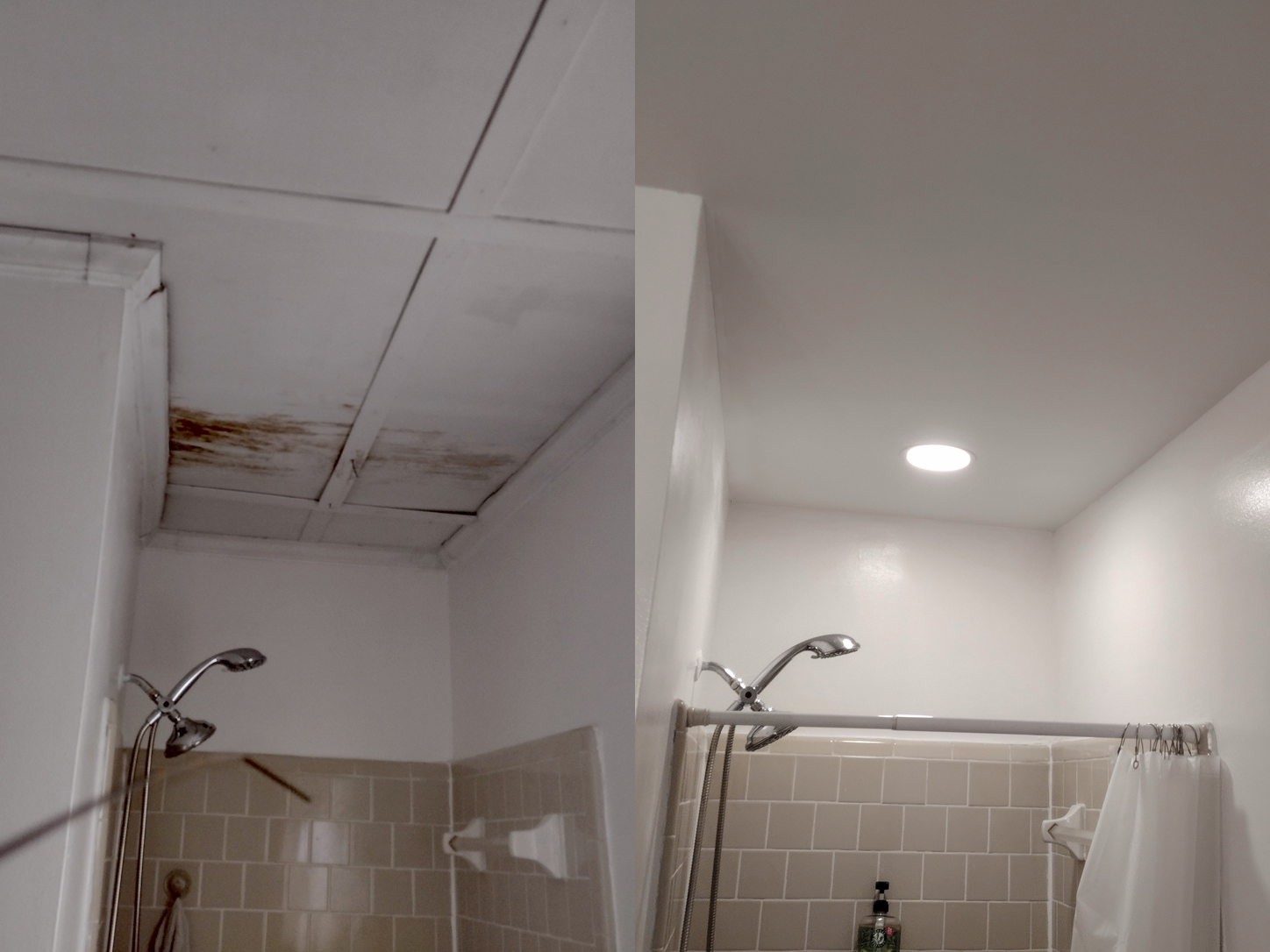 Before and after ceiling repair and painting