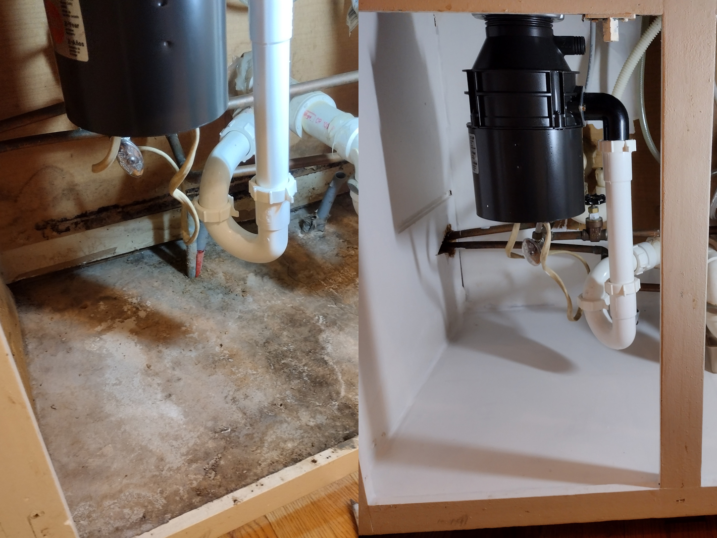 Before and after under sink water damage repair work