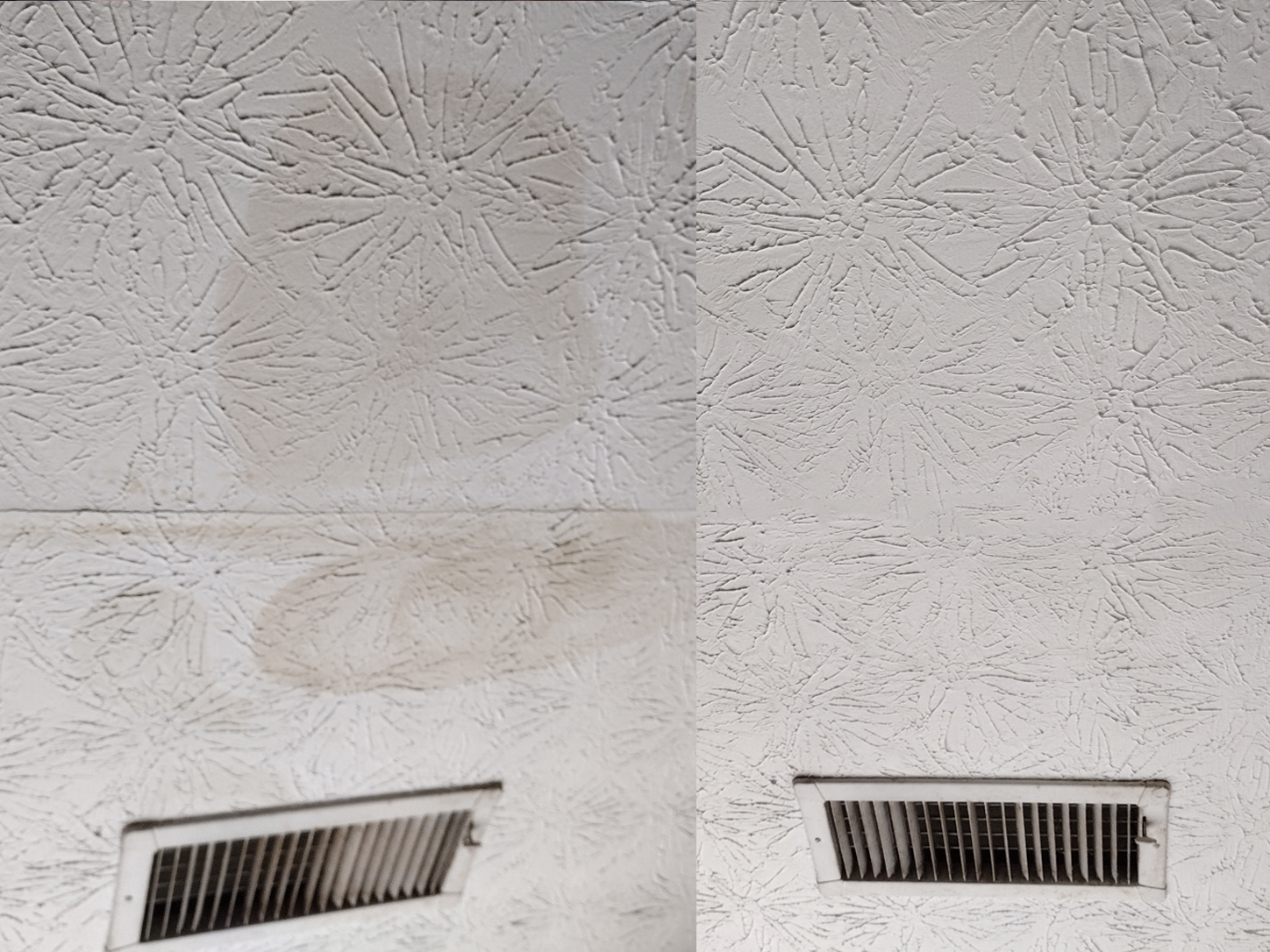 Before and after water stain repair and paint touch-up