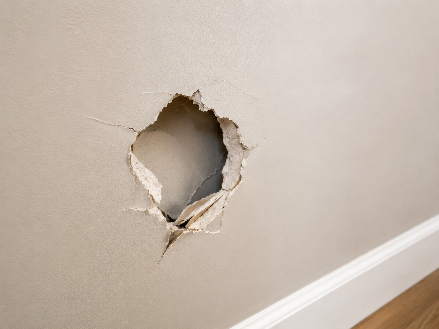 Damaged drywall with a hole and cracking before repair